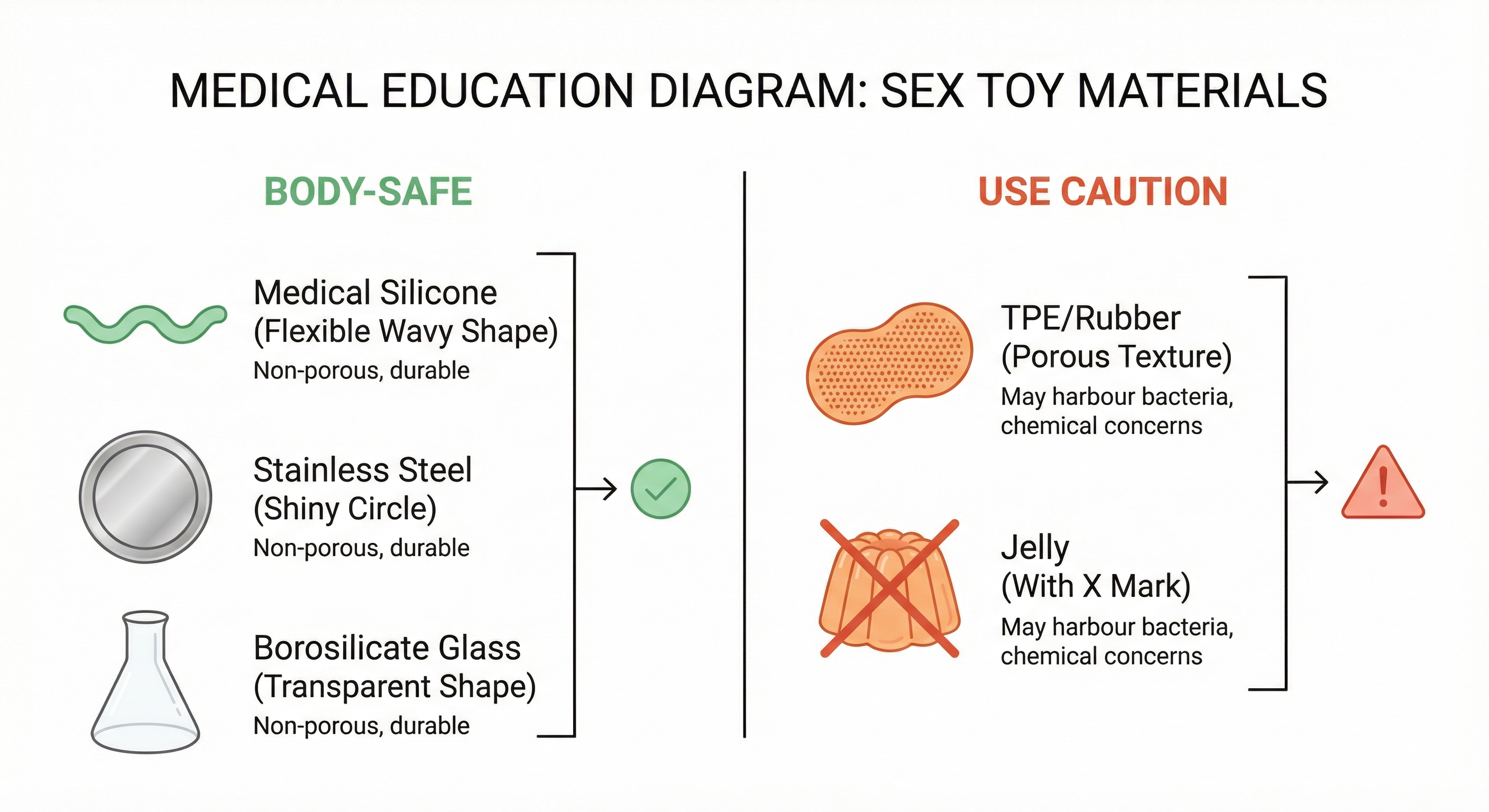 Body-safe vs unsafe sex toy materials diagram